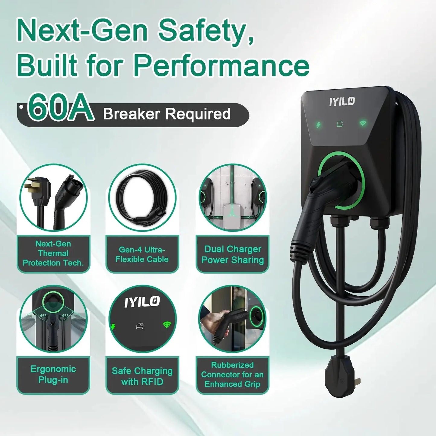IYILO EV Charger Level 2 NEMA 14-50 J1772 Wall-mounted Plug In - 48A