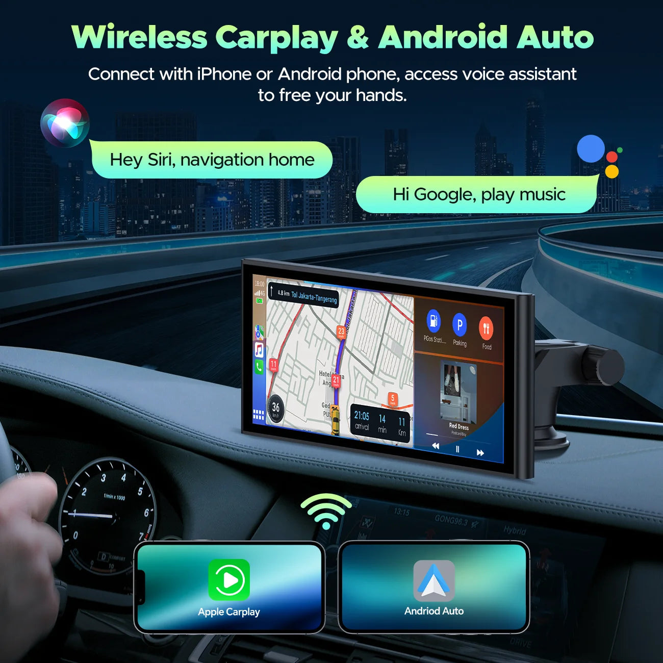 9.26" Wireless CarPlay & Android Auto Screen with 4K Dash Cam, 1080P Backup Camera & GPS Navigation