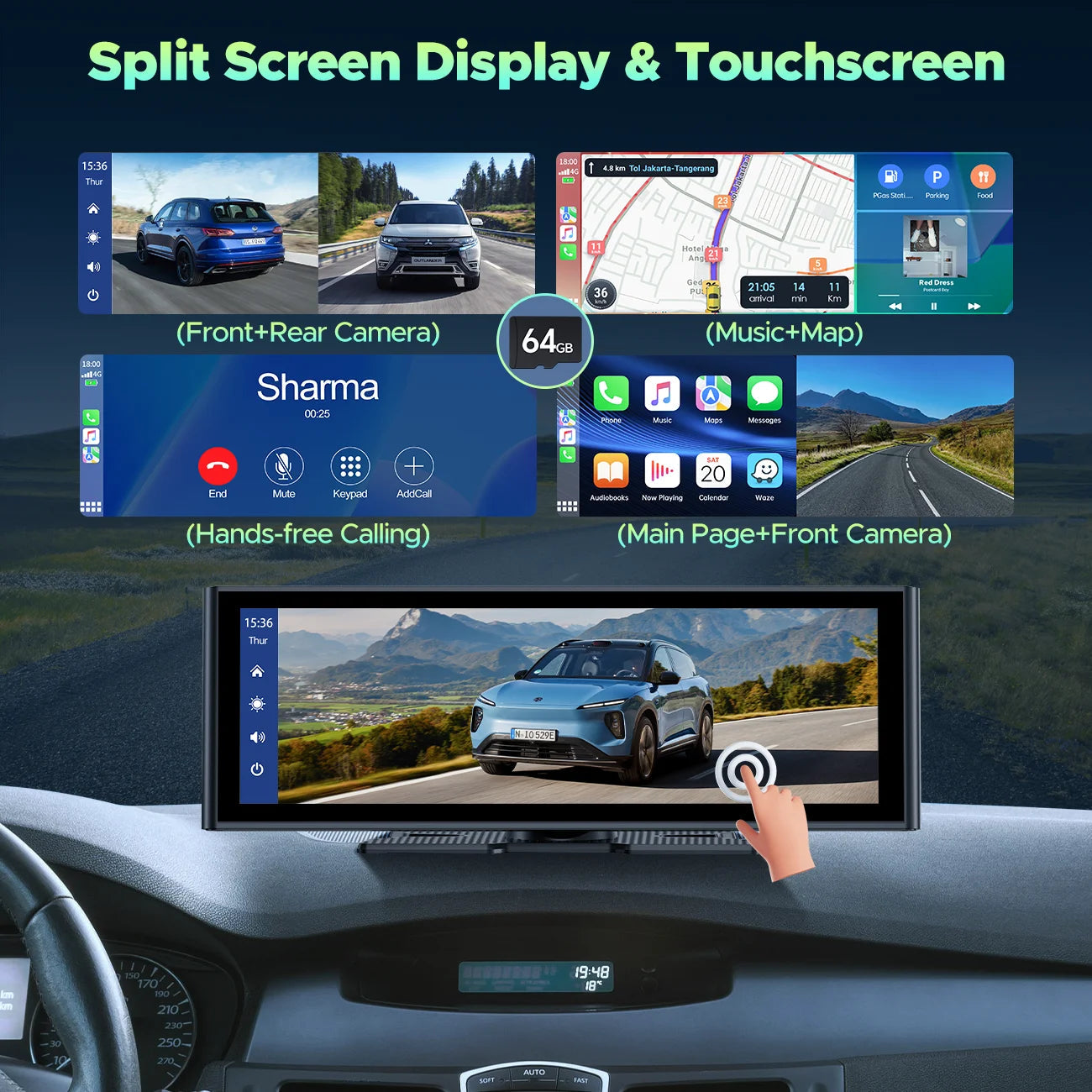 9.26" Wireless CarPlay & Android Auto Screen with 4K Dash Cam, 1080P Backup Camera & GPS Navigation