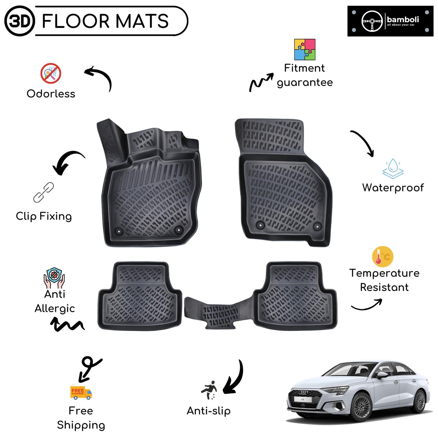 Custom Molded Rubber Floor Mat for Audi A3 2020 - Up Black