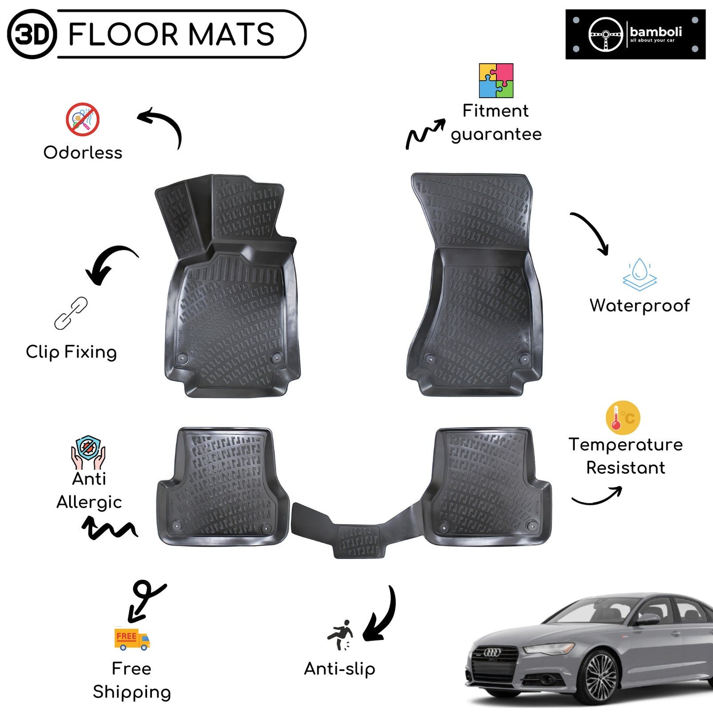 Custom Molded Rubber Floor Mat for Audi A6 C7 2015-2018 Black