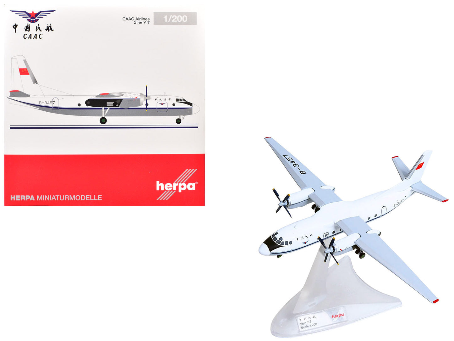 Xian Y-7 Commercial Aircraft "CAAC Airlines" (B-3457) White with Blue Stripes 1/200 Diecast Model by Herpa