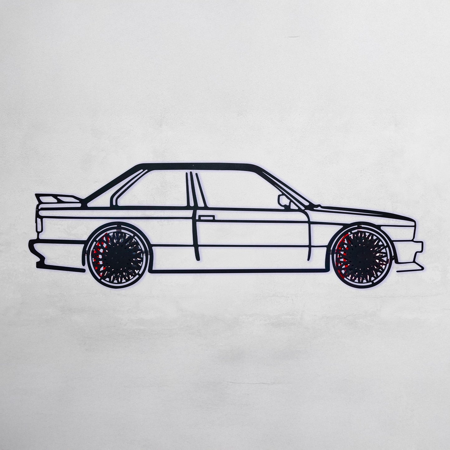 BMW E30 M3 Wall Art – Classic Steel Silhouette with Spinning Wheels -KAFMEKA013