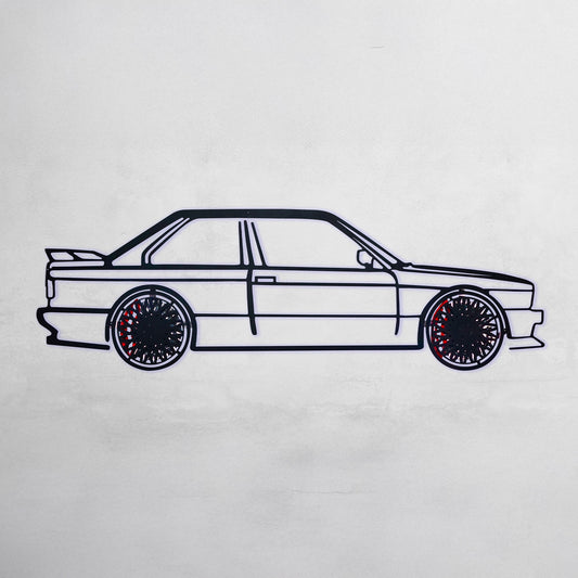 BMW E30 M3 Wall Art – Classic Steel Silhouette with Spinning Wheels -KAFMEKA013