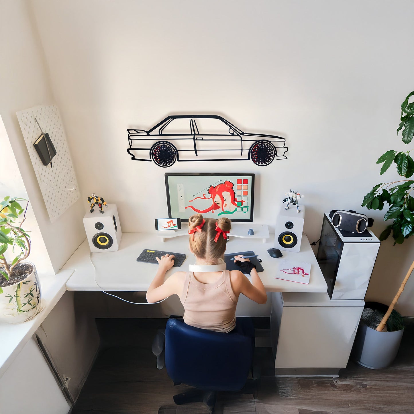 BMW E30 M3 Wall Art – Classic Steel Silhouette with Spinning Wheels -KAFMEKA013