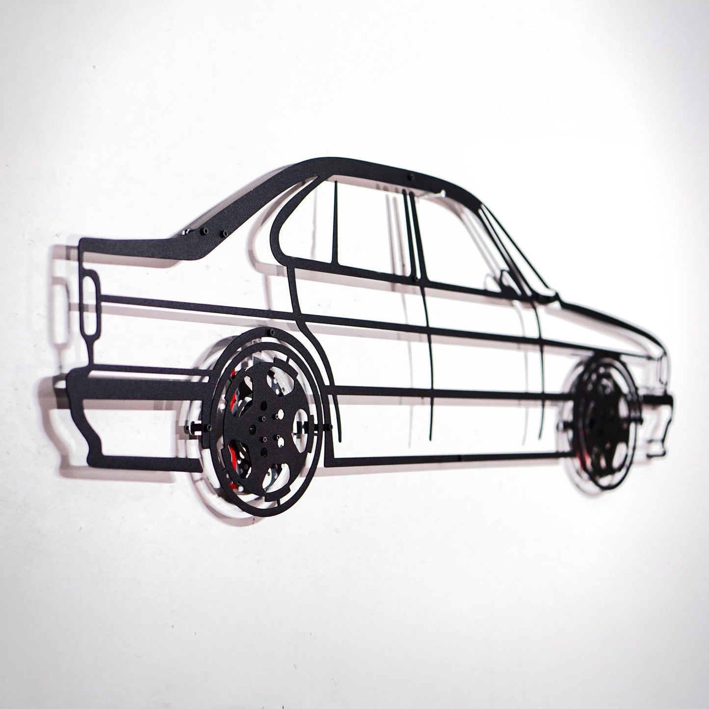 BMW E34 M5 Wall Art – Classic Steel Silhouette with Spinning Wheels-KAFMEKA014