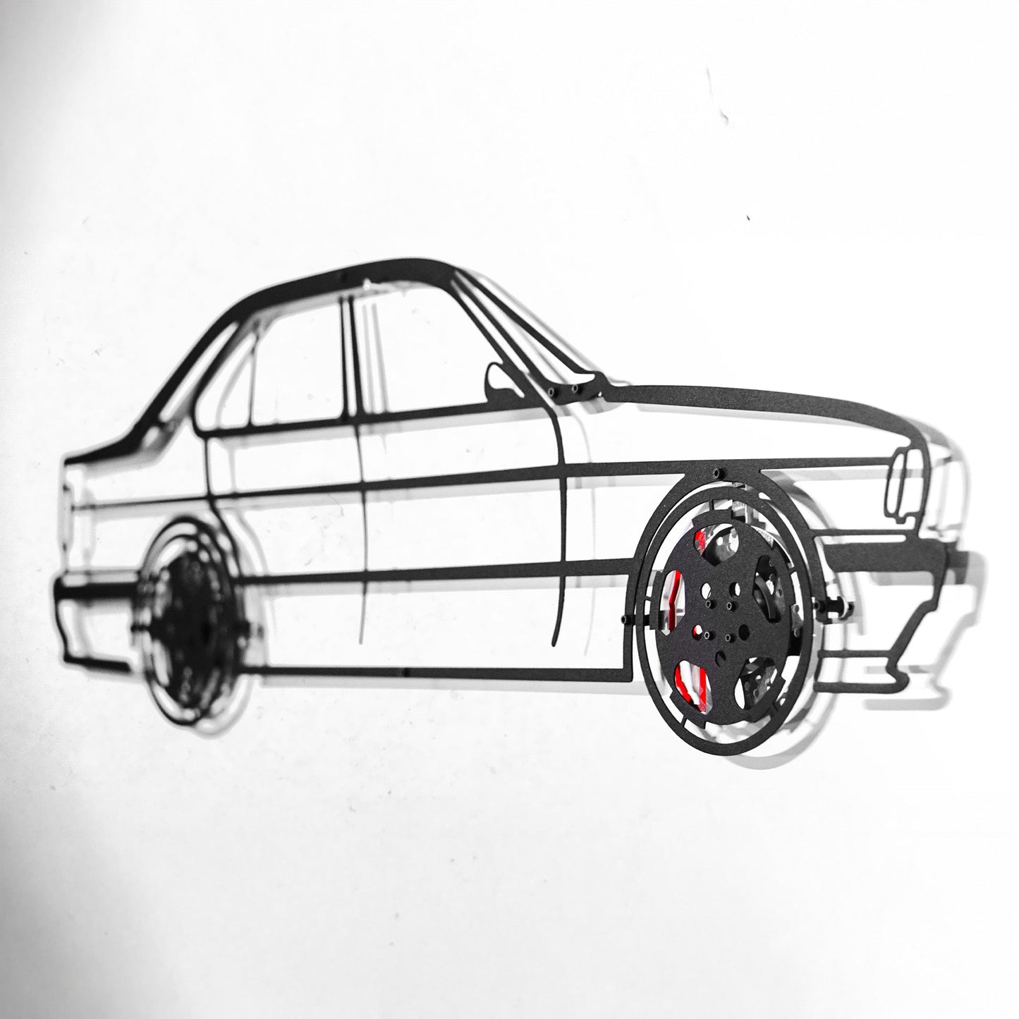 BMW E34 M5 Wall Art – Classic Steel Silhouette with Spinning Wheels-KAFMEKA014
