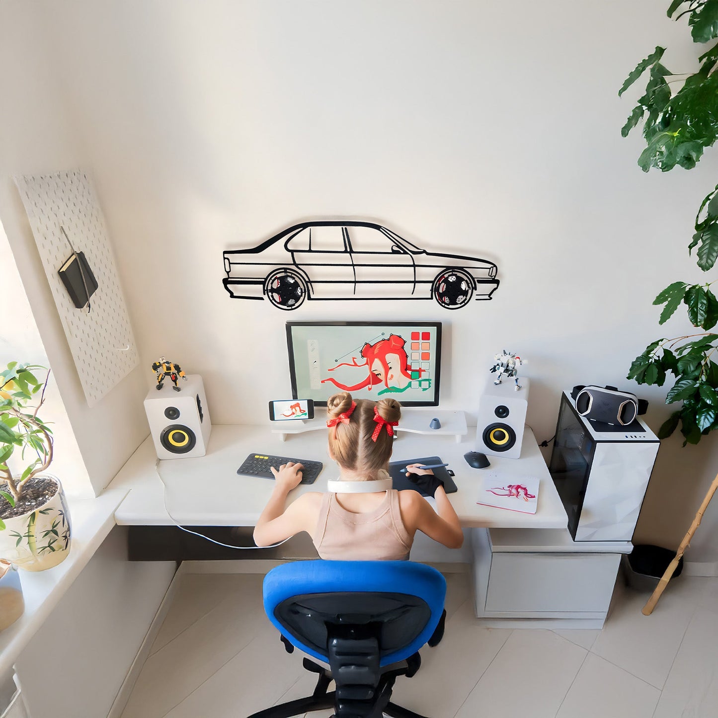 BMW E34 M5 Wall Art – Classic Steel Silhouette with Spinning Wheels-KAFMEKA014