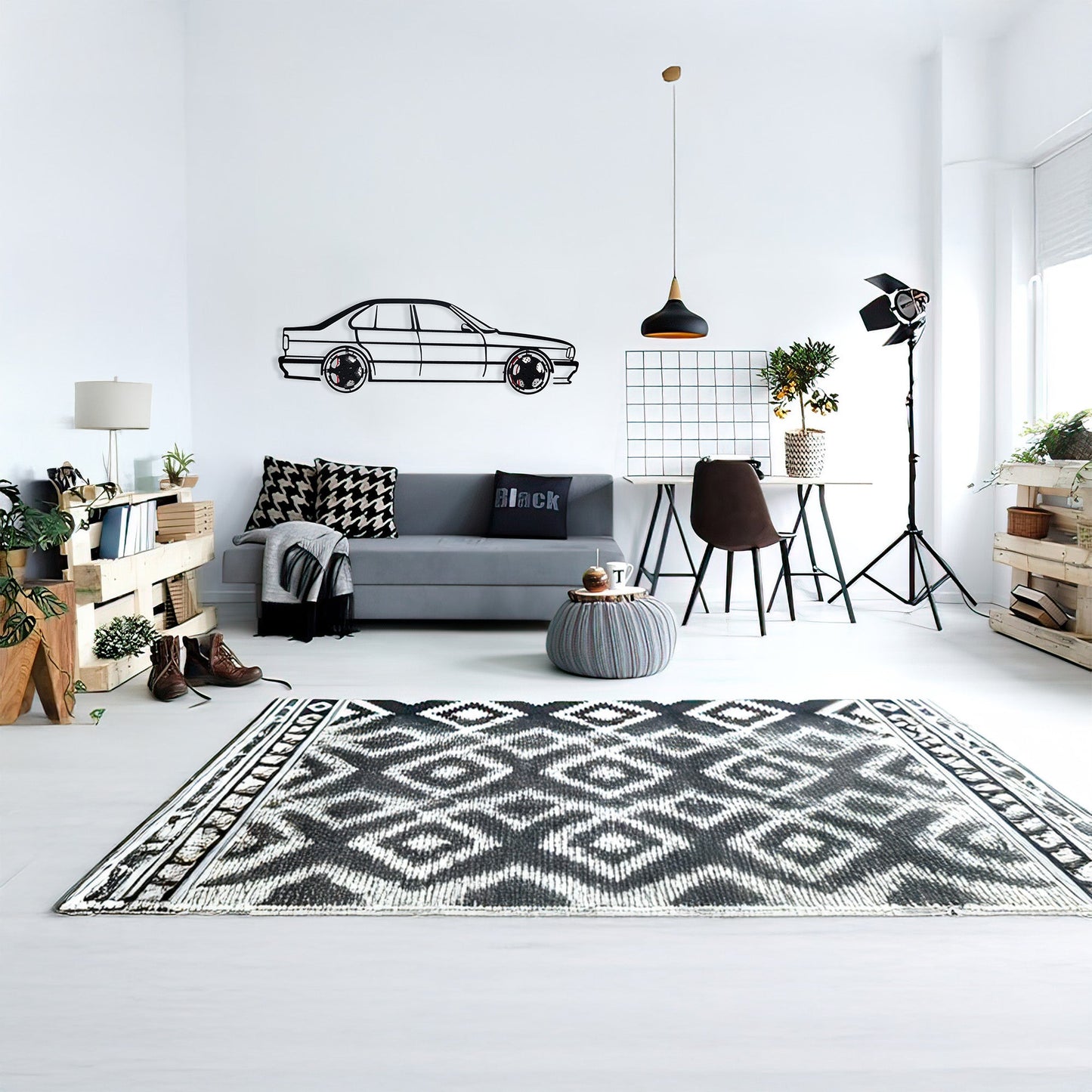 BMW E34 M5 Wall Art – Classic Steel Silhouette with Spinning Wheels-KAFMEKA014