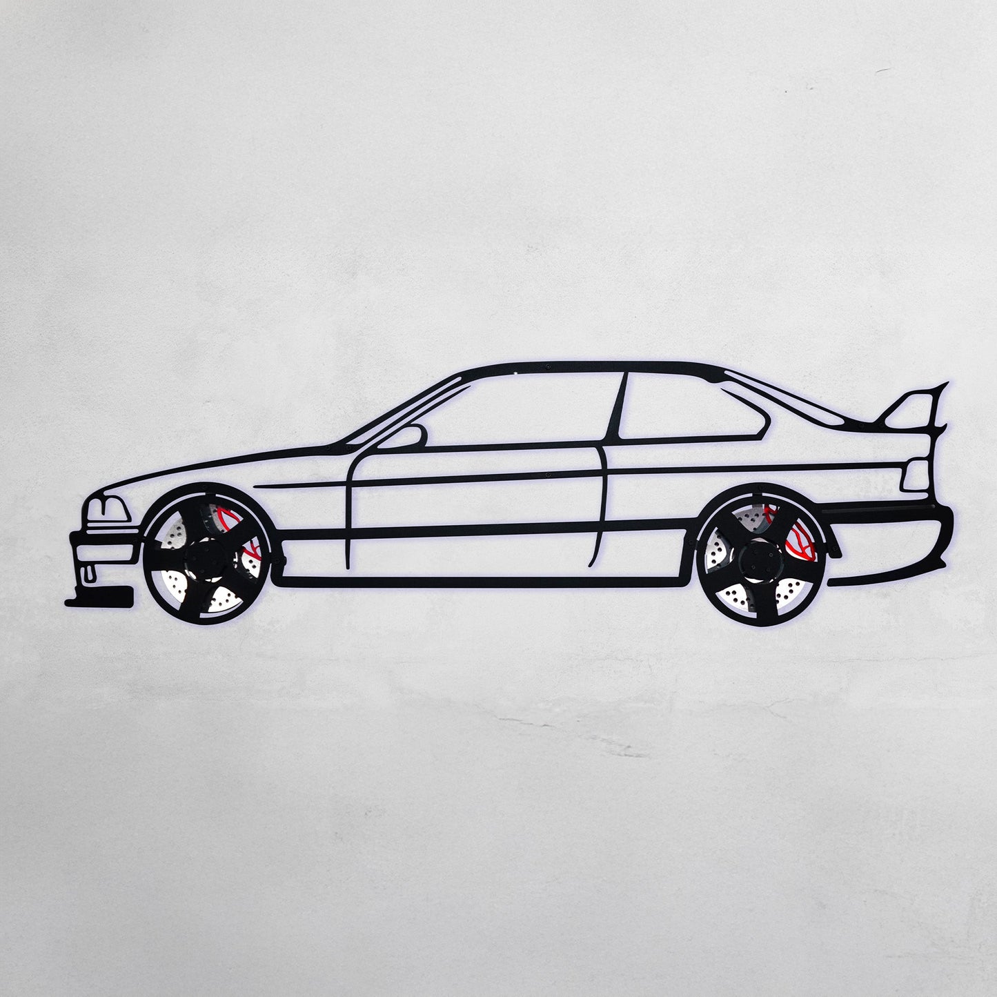 BMW E36 M3 Wall Art – Classic Steel Silhouette with Spinning Wheels-KAFMEKA015