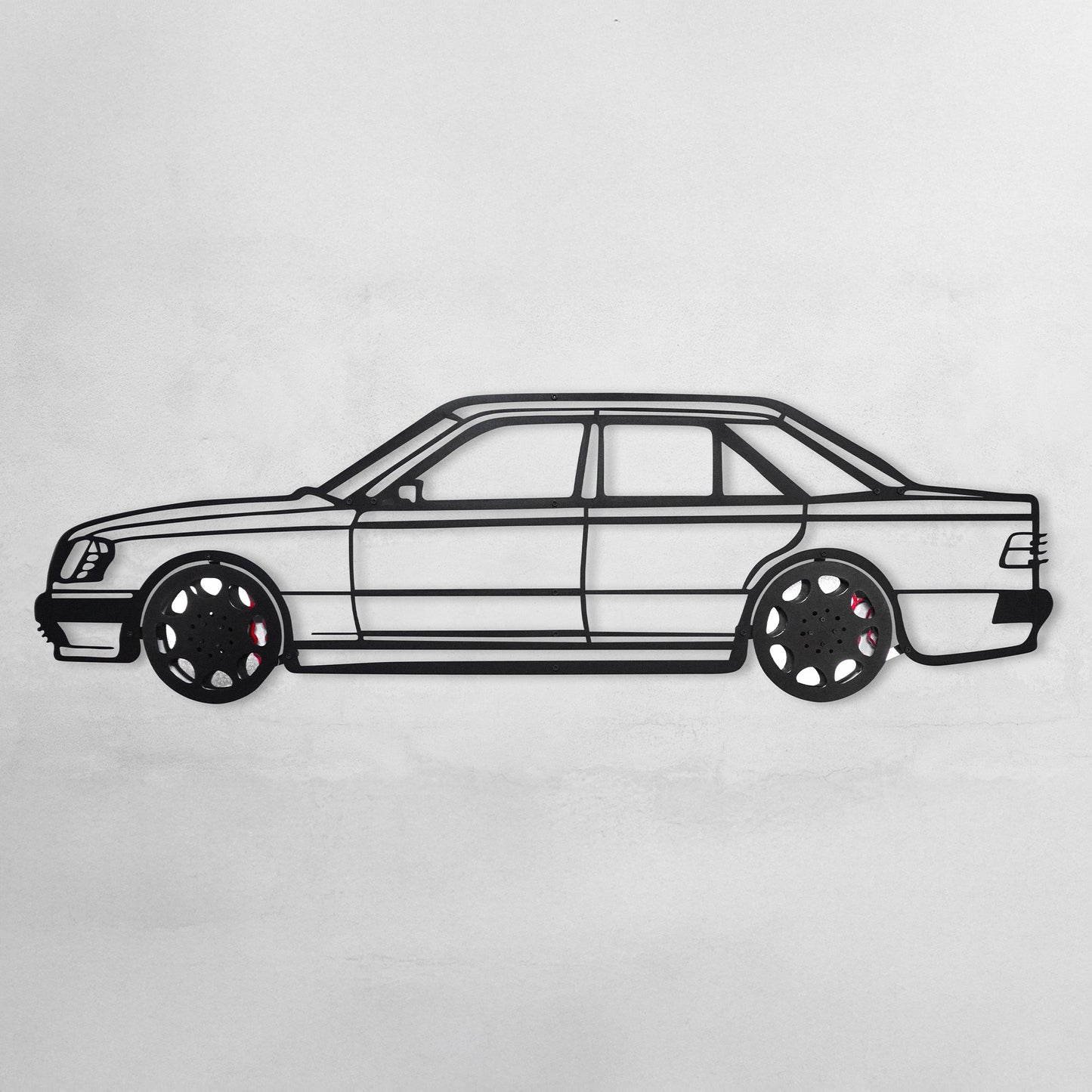 Mercedes W124 Wall Art – Classic Steel Silhouette with Spinning Wheels-KAFMEKA035