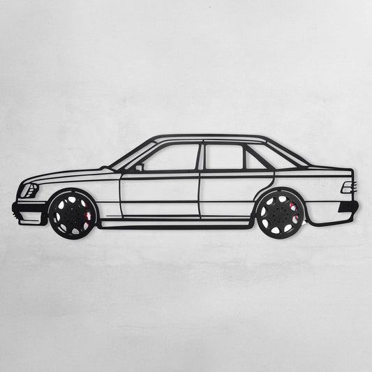 Mercedes W124 Wall Art – Classic Steel Silhouette with Spinning Wheels-KAFMEKA035