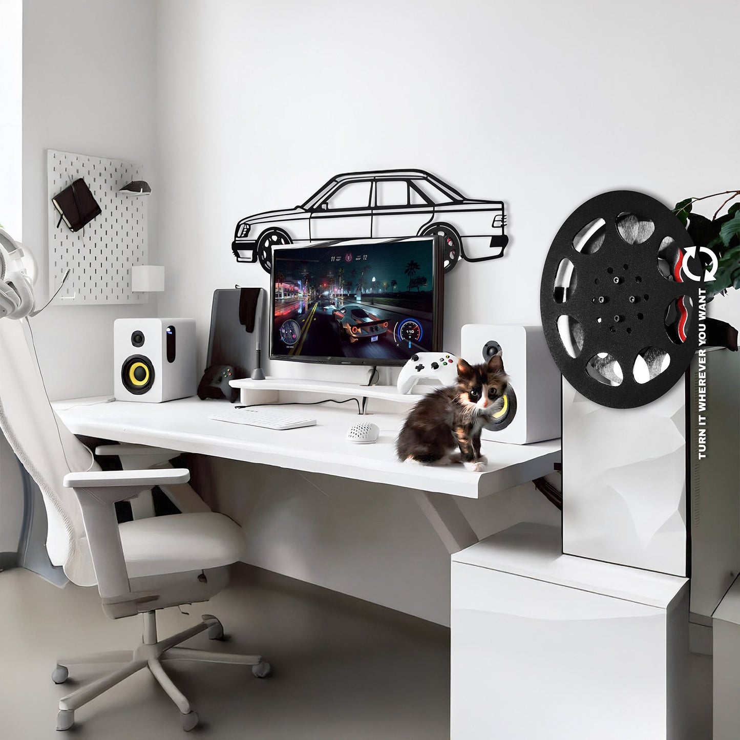 Mercedes W124 Wall Art – Classic Steel Silhouette with Spinning Wheels-KAFMEKA035