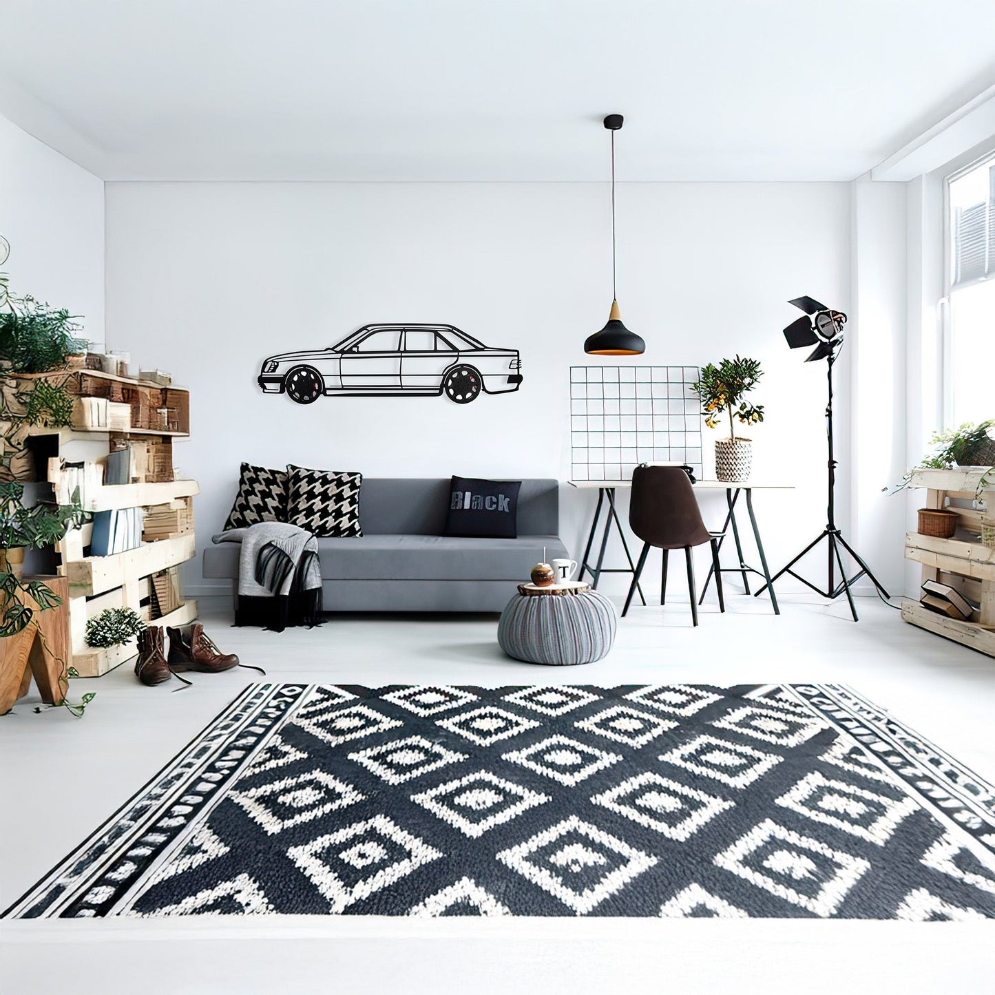 Mercedes W124 Wall Art – Classic Steel Silhouette with Spinning Wheels-KAFMEKA035