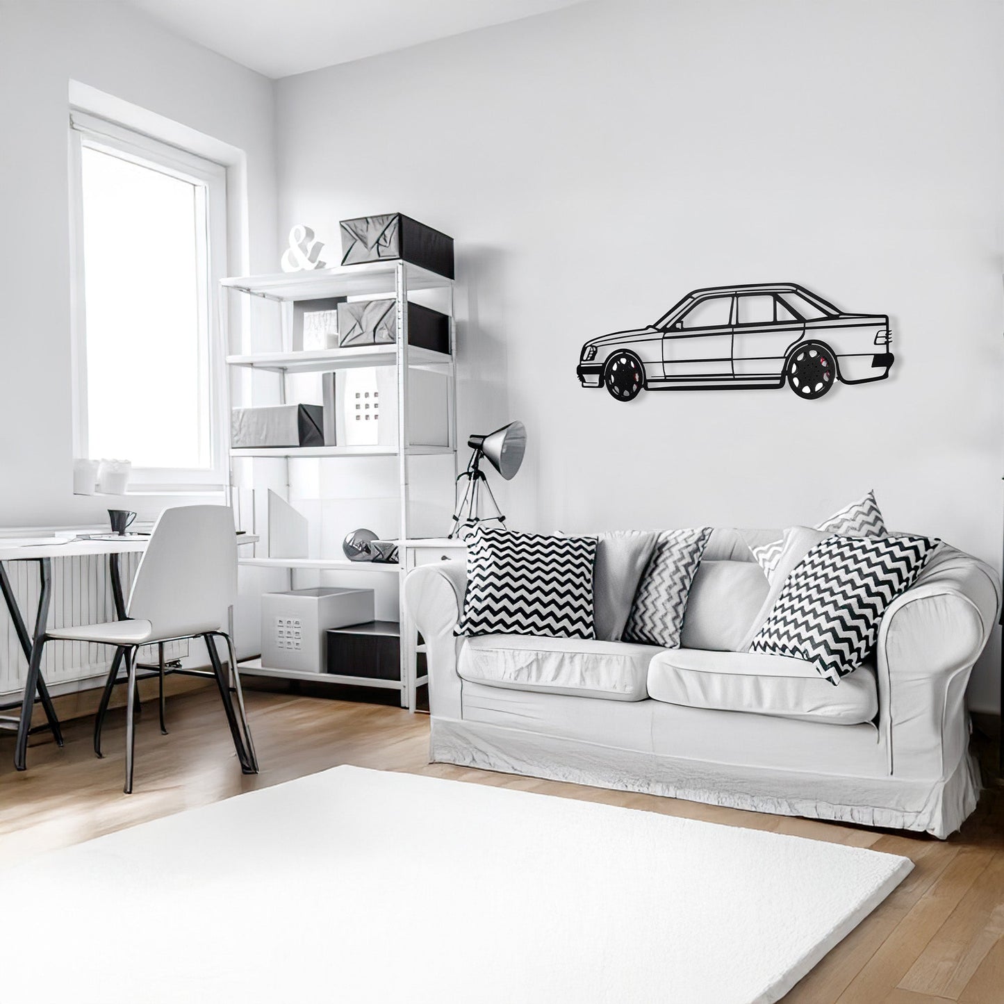 Mercedes W124 Wall Art – Classic Steel Silhouette with Spinning Wheels-KAFMEKA035