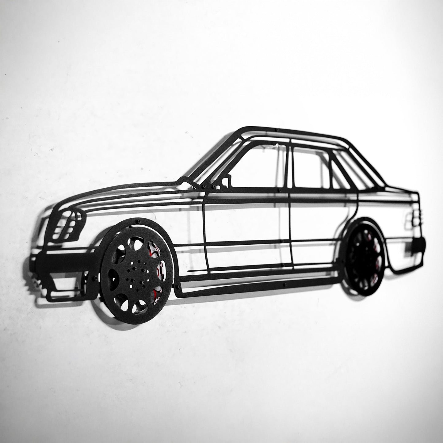 Mercedes W124 Wall Art – Classic Steel Silhouette with Spinning Wheels-KAFMEKA035