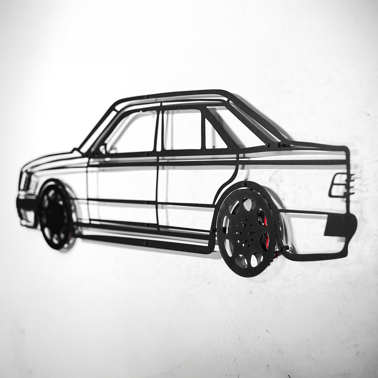 Mercedes W124 Wall Art – Classic Steel Silhouette with Spinning Wheels-KAFMEKA035