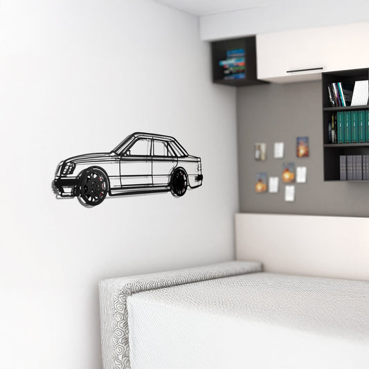 Mercedes W124 Wall Art – Classic Steel Silhouette with Spinning Wheels-KAFMEKA035