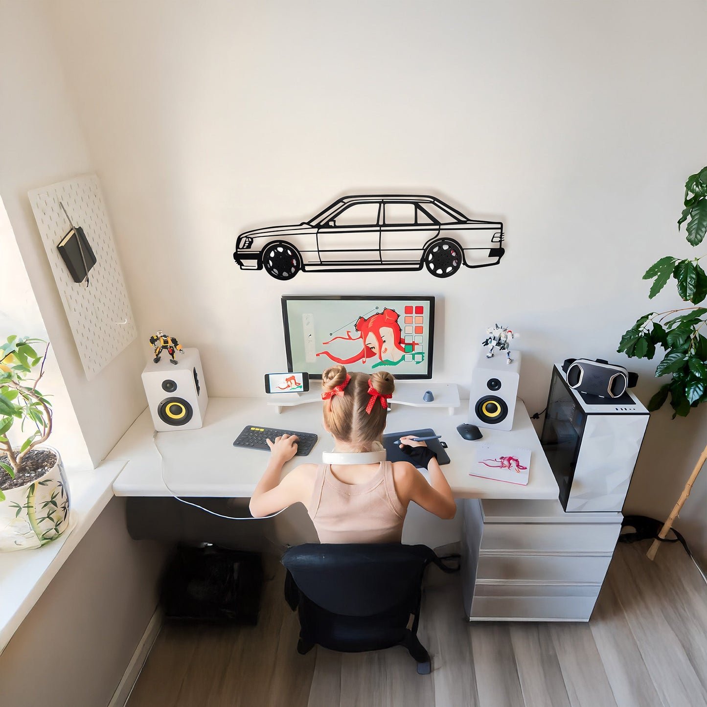 Mercedes W124 Wall Art – Classic Steel Silhouette with Spinning Wheels-KAFMEKA035