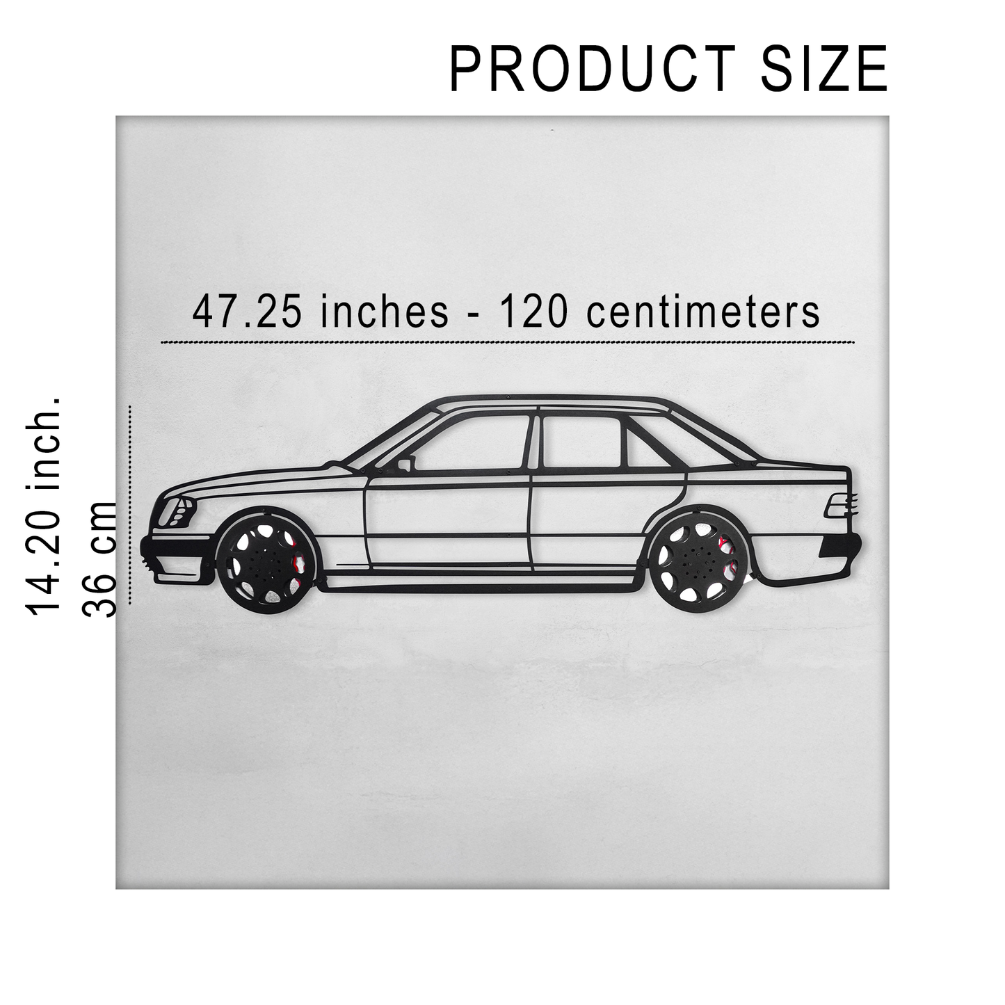 Mercedes W124 Wall Art – Classic Steel Silhouette with Spinning Wheels-KAFMEKA035