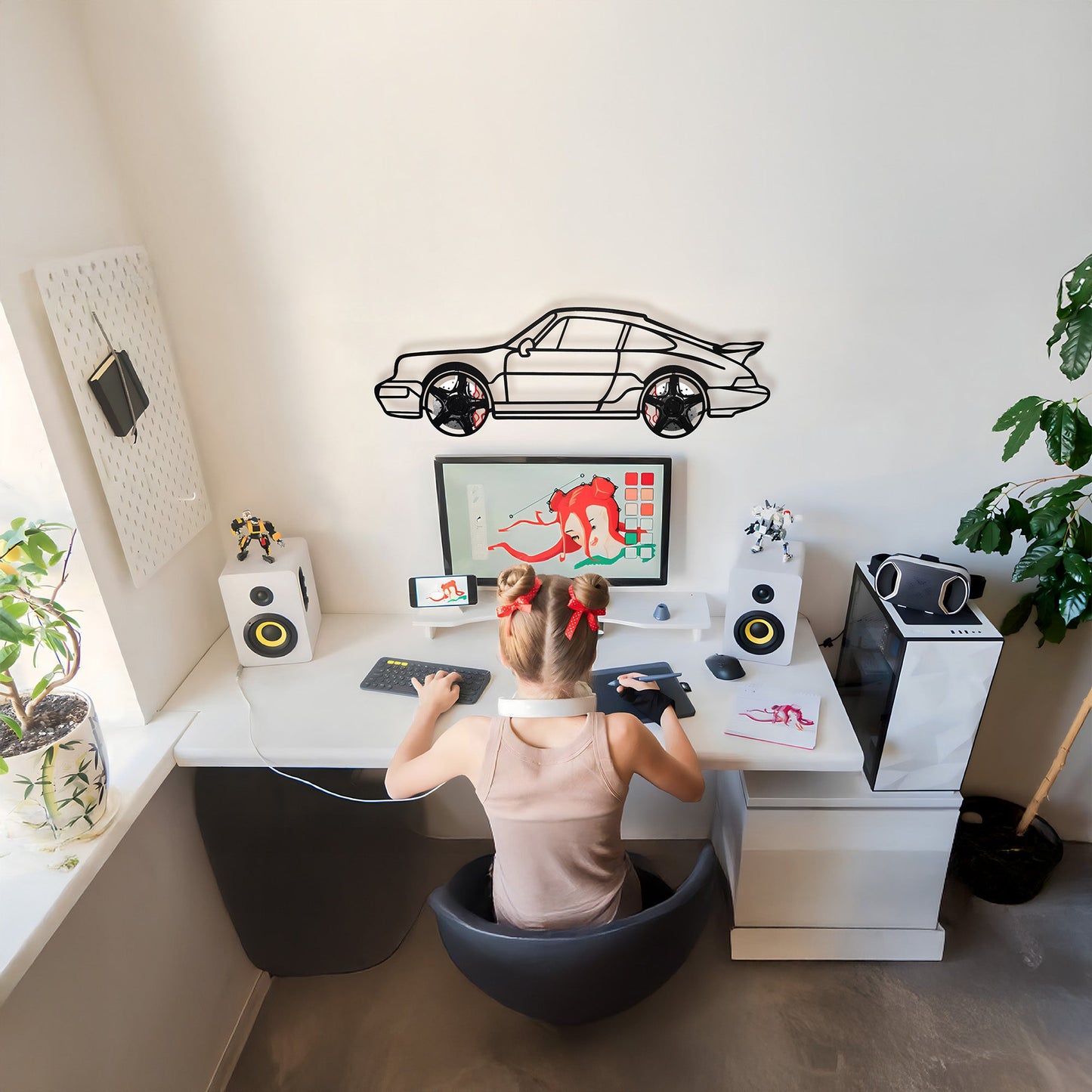 Classic Porsche 911 Wall Art – Retro Steel Silhouette with Spinning Wheels-KAFMEKA038