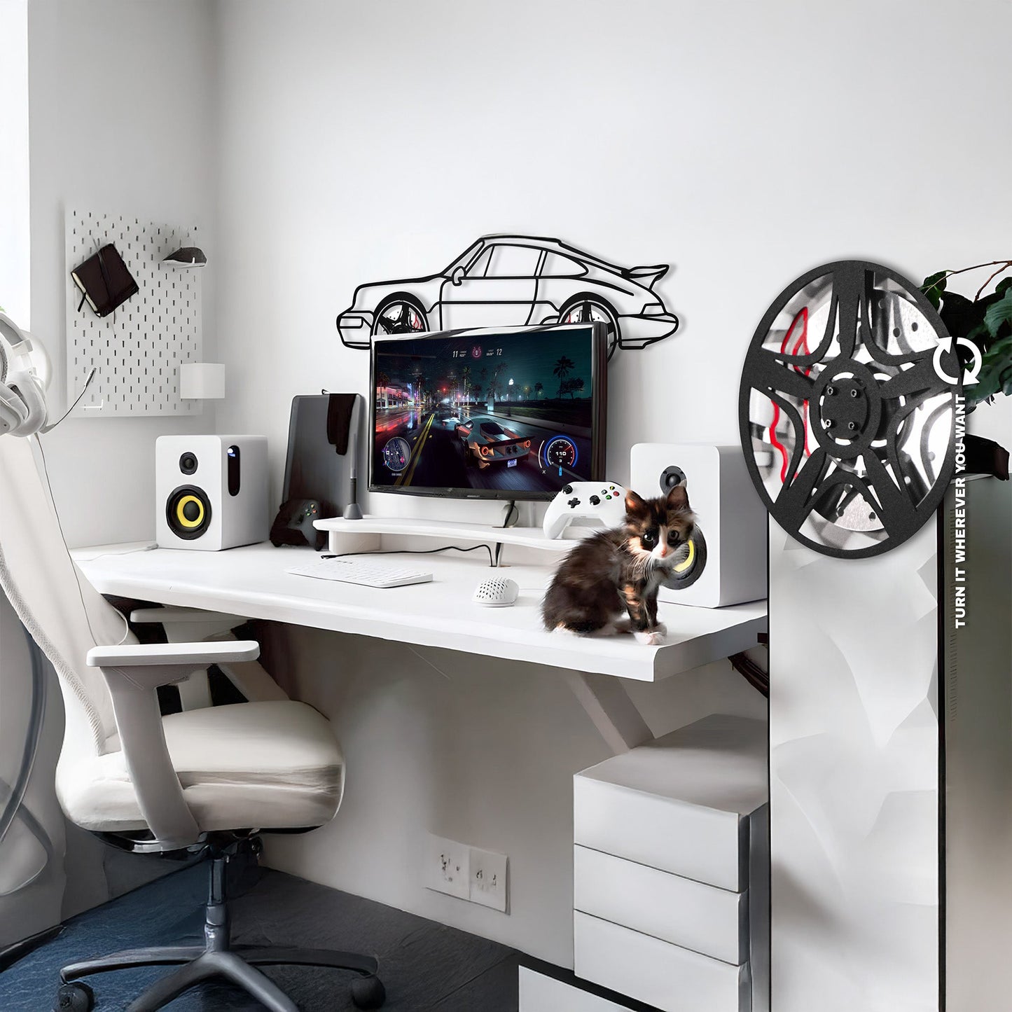 Classic Porsche 911 Wall Art – Retro Steel Silhouette with Spinning Wheels-KAFMEKA038