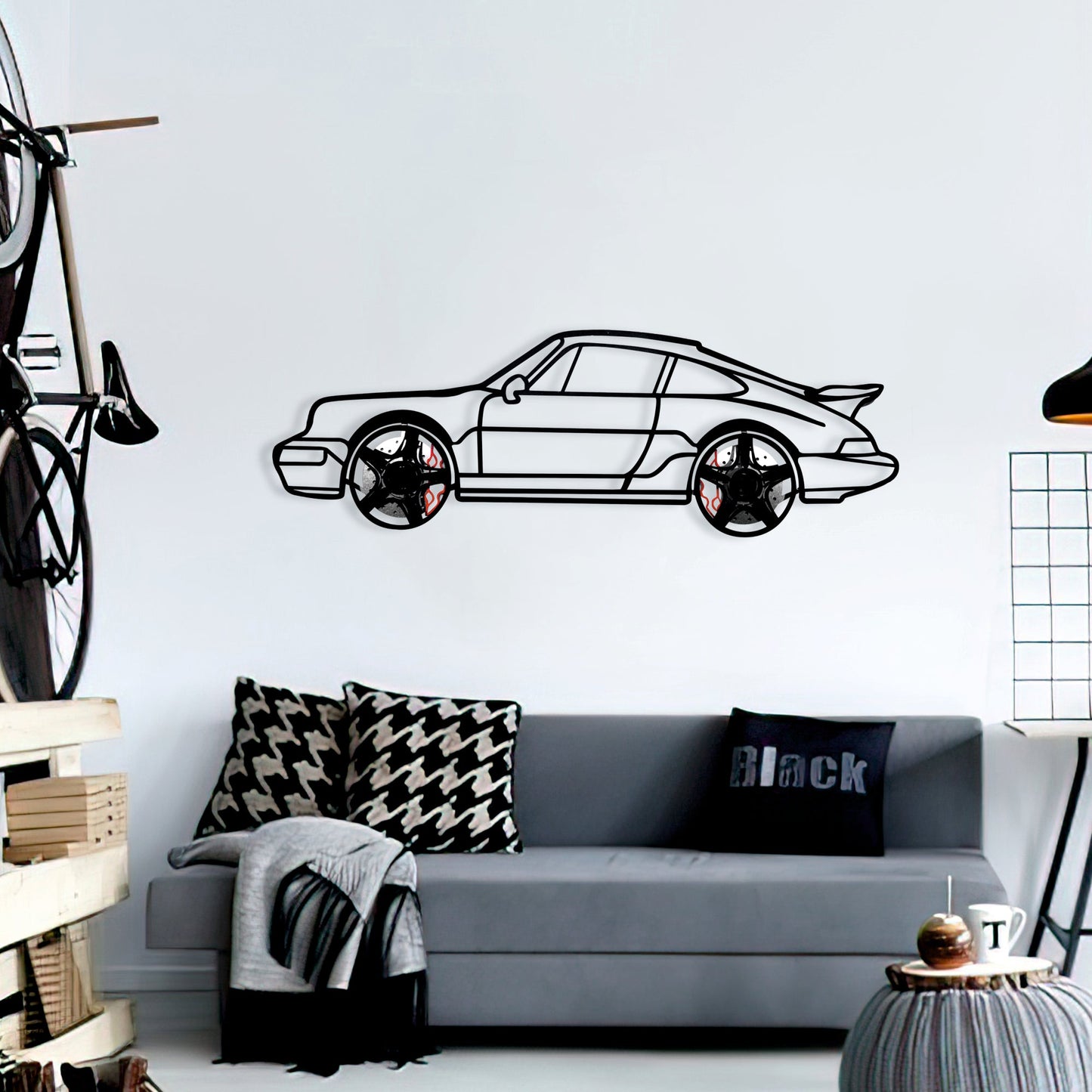 Classic Porsche 911 Wall Art – Retro Steel Silhouette with Spinning Wheels-KAFMEKA038