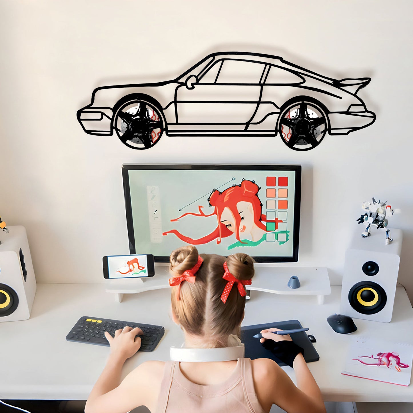 Classic Porsche 911 Wall Art – Retro Steel Silhouette with Spinning Wheels-KAFMEKA038