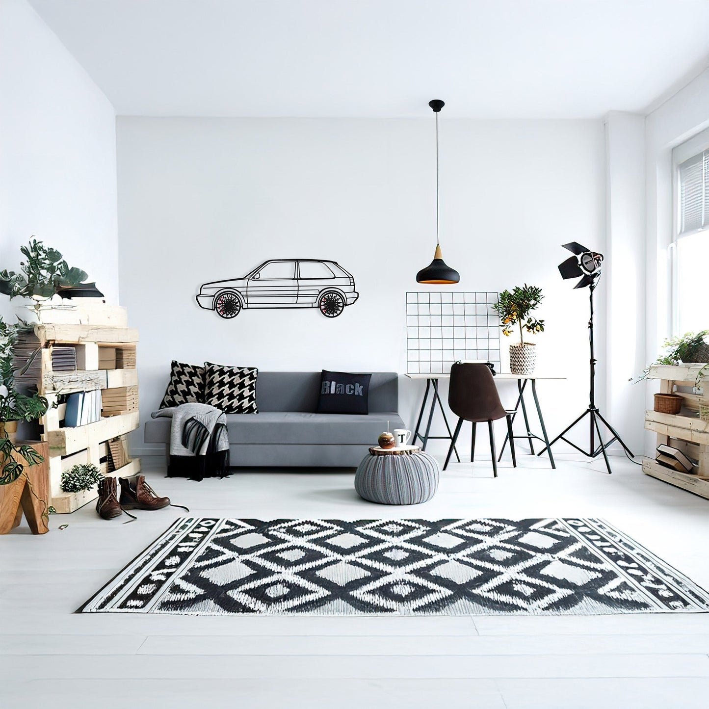 Volkswagen Golf Mk1 Wall Art – Classic Hot Hatch Steel Silhouette with Spinning Wheels-KAFMEKA046