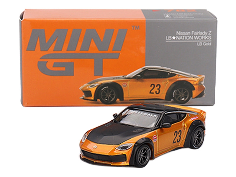 Nissan Fairlady Z #23 "LB-NATION WORKS" LB Gold Metallic with Matt Black Hood and Black Top Limited Edition 1/64 Diecast Model Car by Mini GT