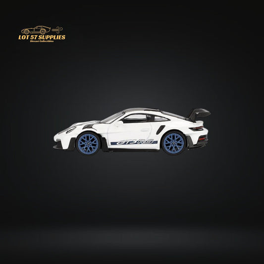 (Pre-Order) Mini-GT Porsche 911 992 GT3 RS Weissach Package White w/ Indigo Blue #853 1:64 MGT00853