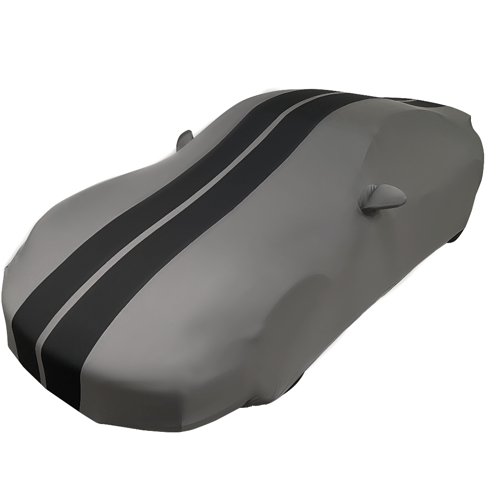1999-2026 Porsche 911 / 718 Coupe/Carrera/Targa/Turbo GTS/Cayman/Boxster Ultraguard Stretch Satin Indoor Car Cover : Sport Series - Dark Gray with Black Stripes