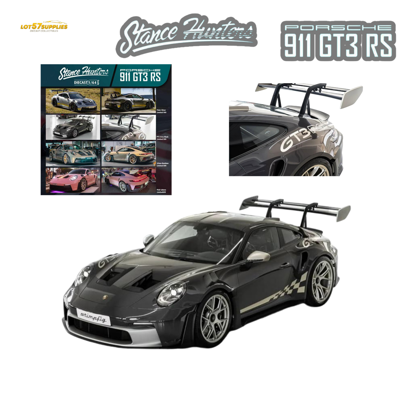 (Pre-Order) Stance Hunters Porsche 911 GT3 RS (992) - PTS Grey Black 1:64