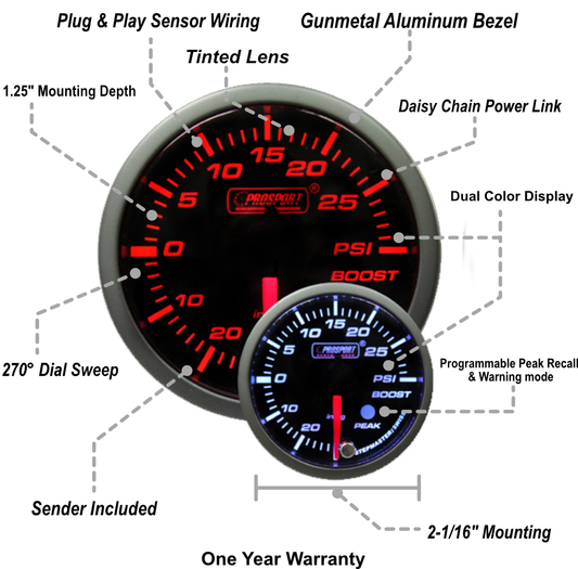 2-1/16" Premium Amber / White Electric Boost gauge