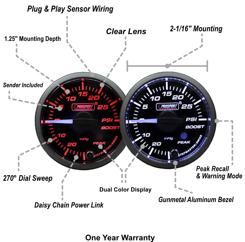 2-1/16" Premium White Pointer Clear Lens Boost gauge Amber/White