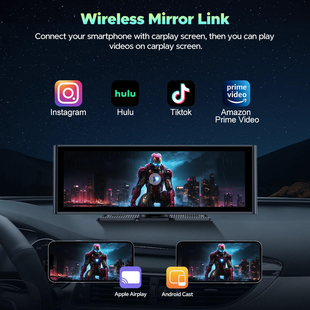 9.26" Wireless CarPlay & Android Auto Screen with 4K Dash Cam, 1080P Backup Camera & GPS Navigation