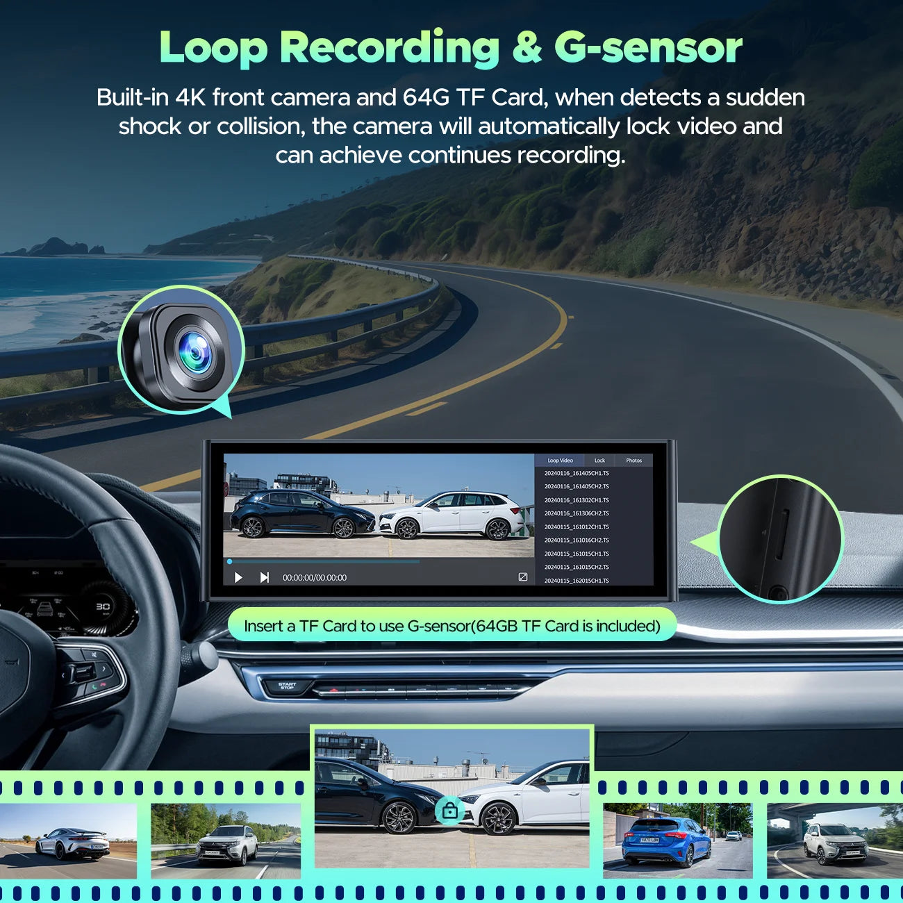 9.26" Wireless CarPlay & Android Auto Screen with 4K Dash Cam, 1080P Backup Camera & GPS Navigation