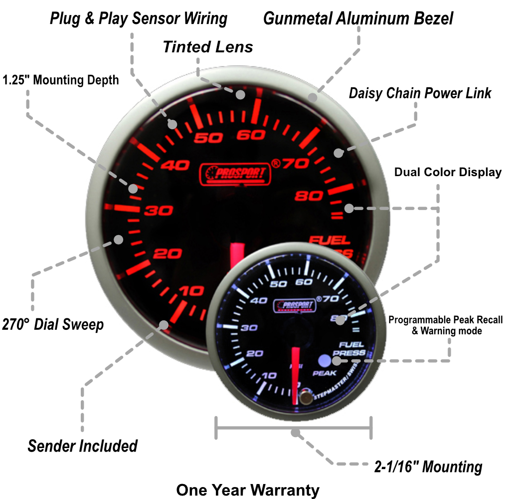 2-1/16" Premium Amber/White Fuel Pressure Gauge