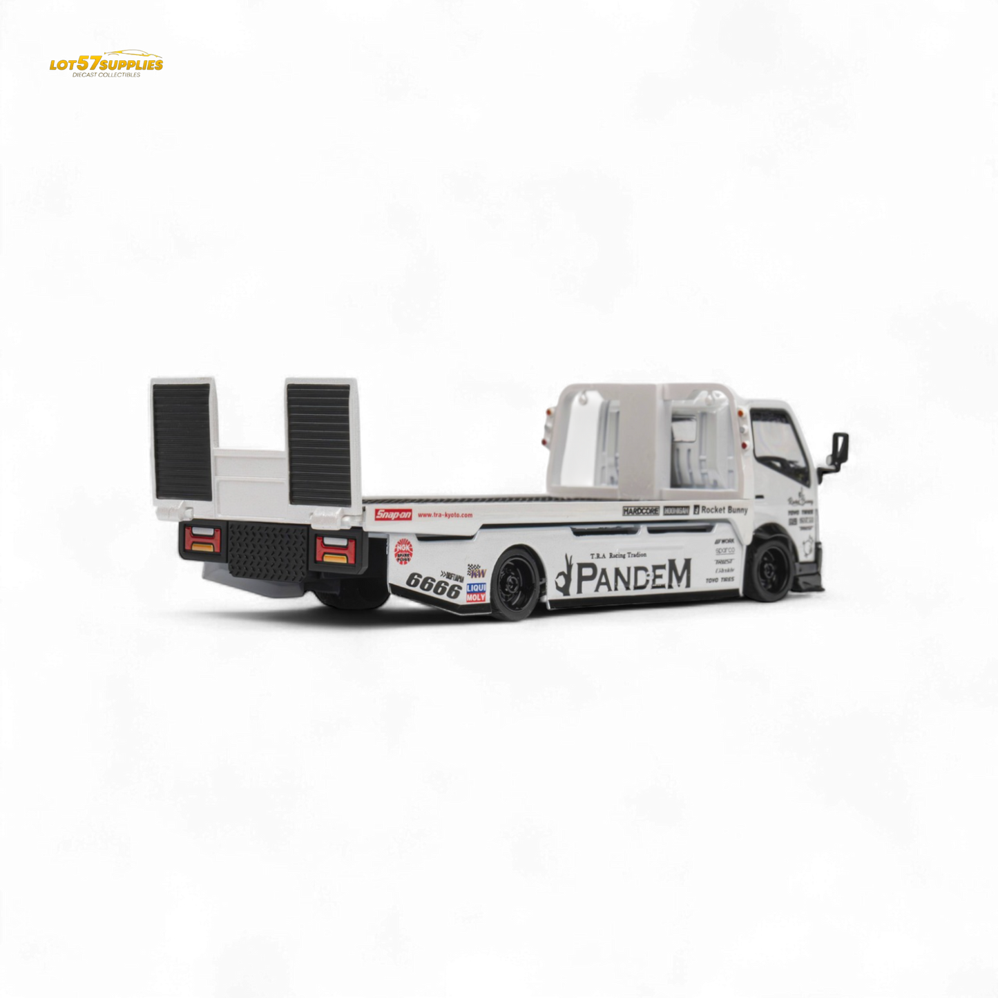 MicroTurbo HINO 300 Flat Bed Transport Truck in Pandem Rocket Bunny White 1:64