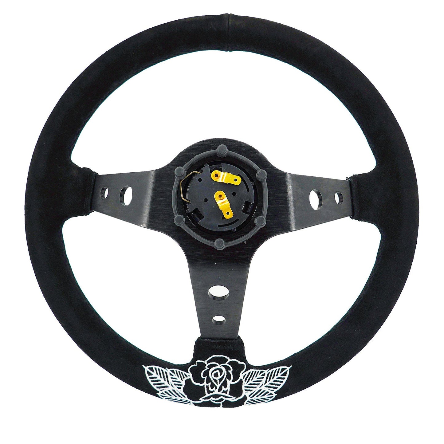Custom Rose Universal 350mm 3" Deep Dish 6-Bolt Steering Wheel Black Suede Alcantara