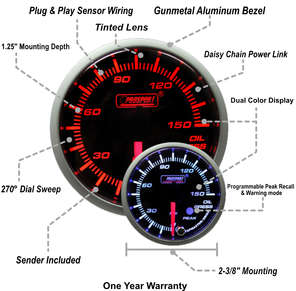 2-3/8" Amber/White Premium Oil Pressure Gauge