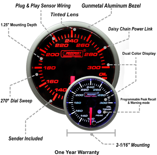 2-1/16" Premium Amber / White Oil Temperature Gauge