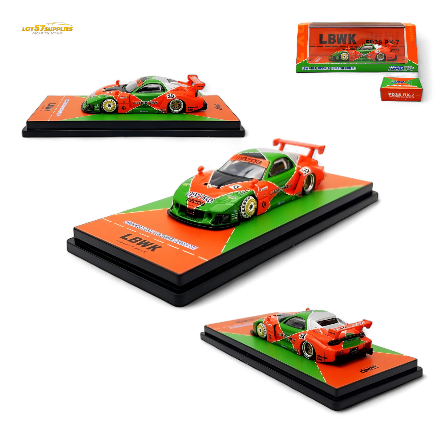 Inno64 Mazda RX-7 LBWK FD3S Orange/Green MDX 24' 1:64 IN64-LBWK-RX7-04