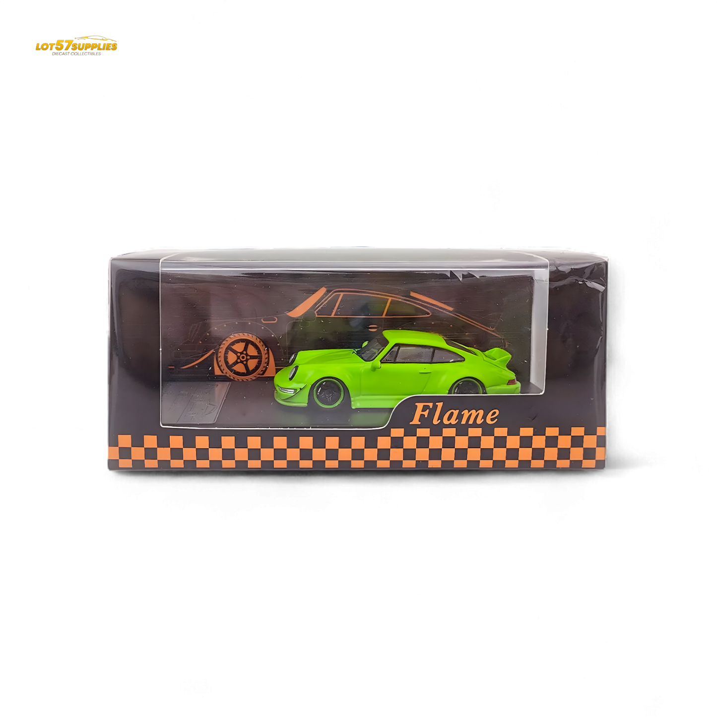 Flame Porsche 964 RWB Ducktail in Fluorescent Green 1:64
