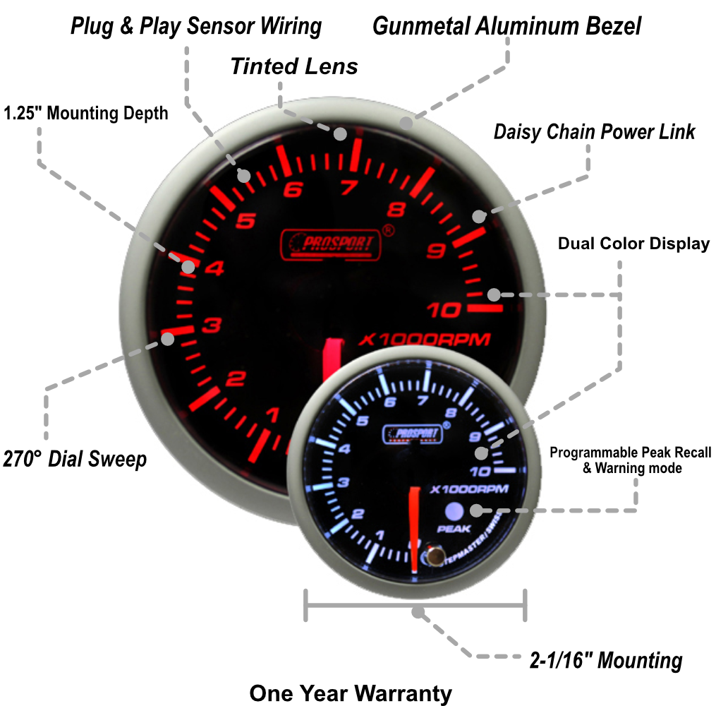2-1/16" Premium Amber / White Tachometer