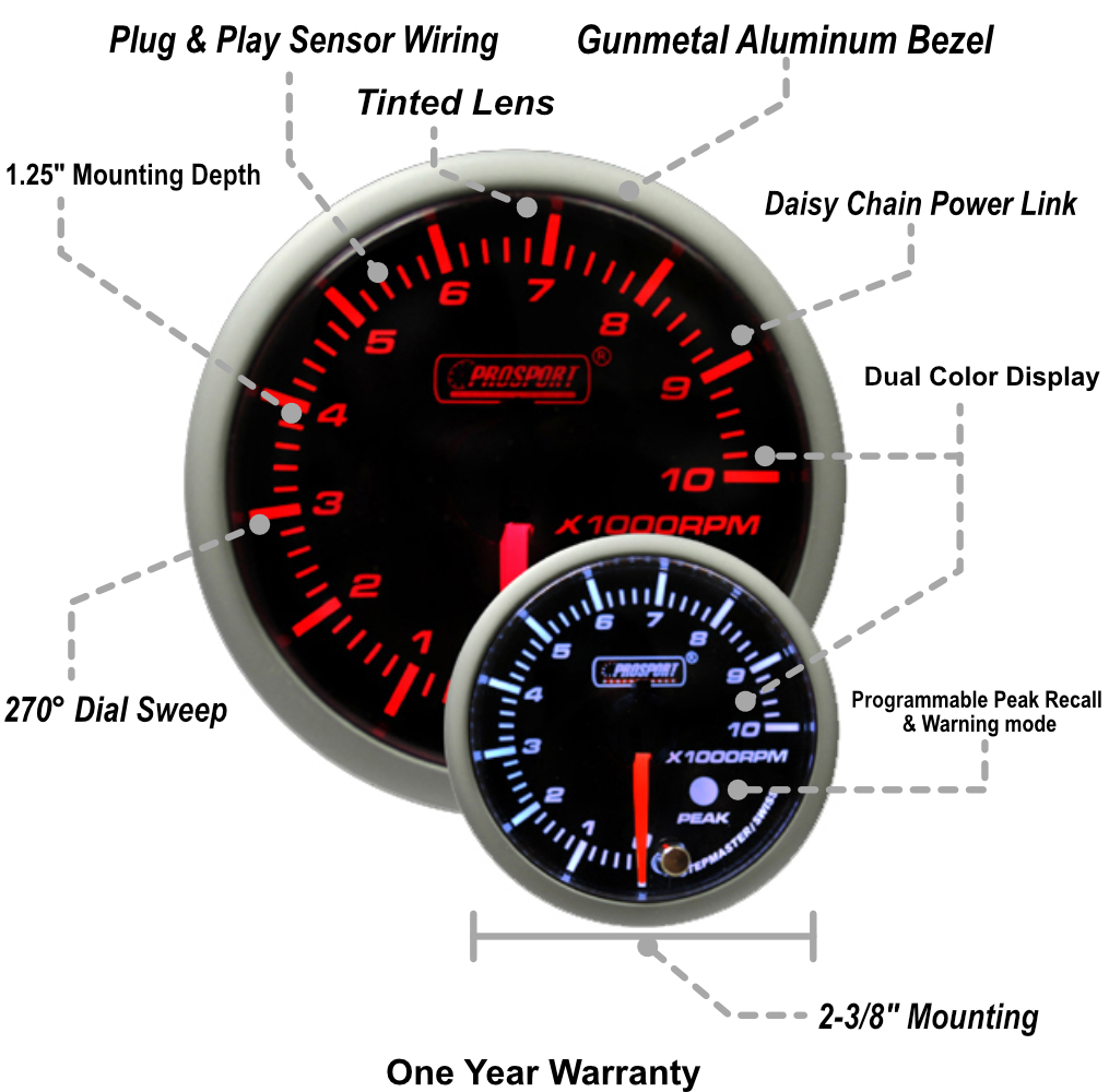 2-3/8" Amber/White Premium Tachometer