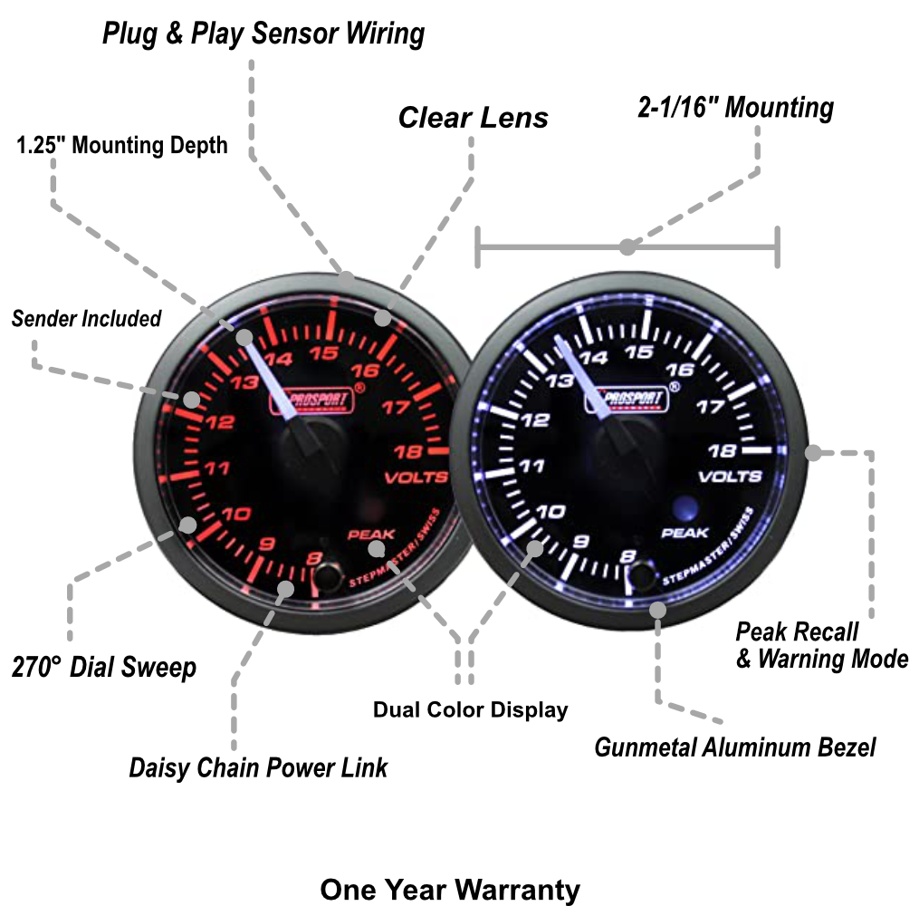 2-1/16" White Pointer Amber/White Clear Lens Premium Volt Gauge