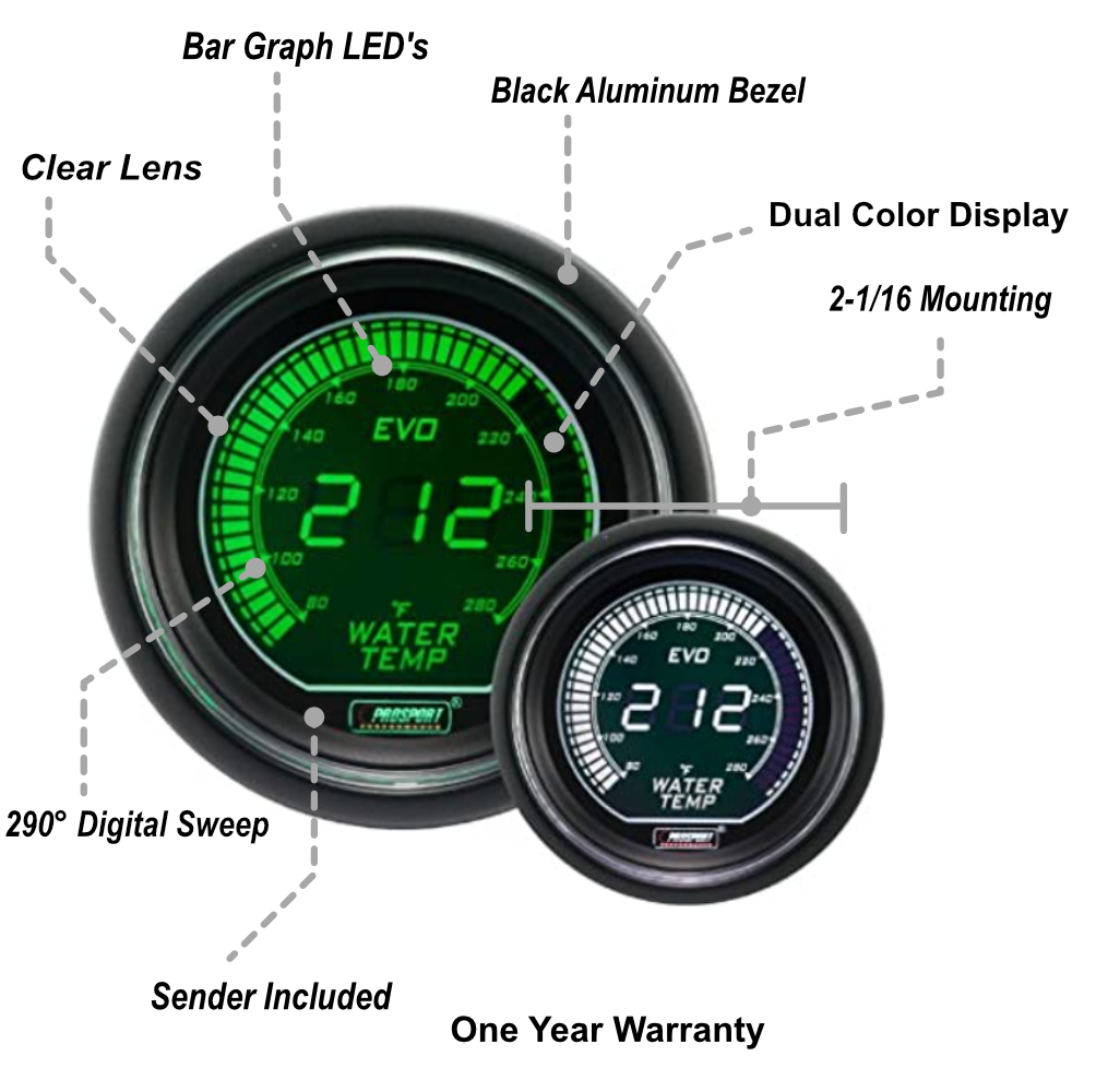 2-1/16" Evo Electrical Green and White Water Temperature Gauge-