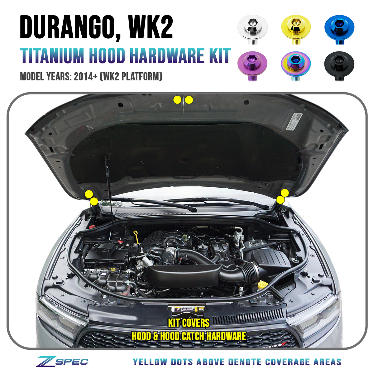 ZSPEC Hood & Hood Catch Fastener Kit for '14+ Dodge Durango WK2, Titanium